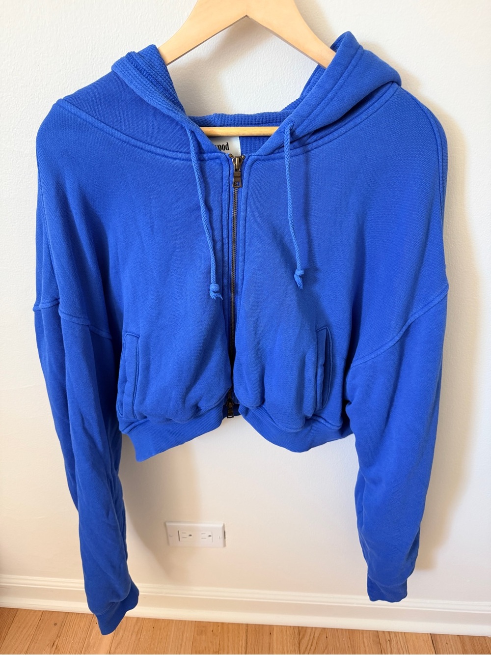 Elwood Babydoll Cropped Zip Hoodie Blue Waffle-Lined Size Large